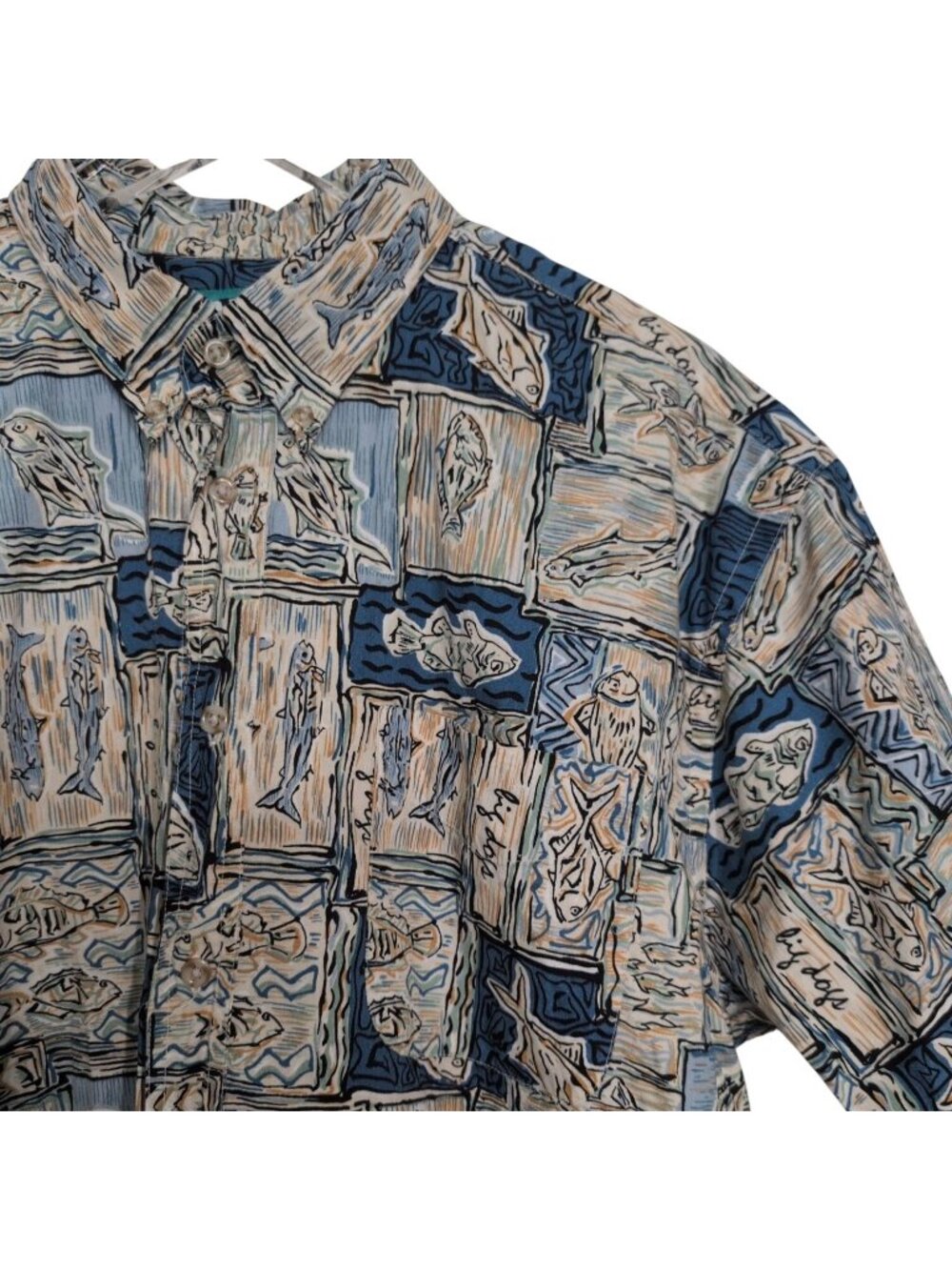 Big Dogs Fish Shirt Mens Size Large Blue 100% Cotton All Over Print Button Down